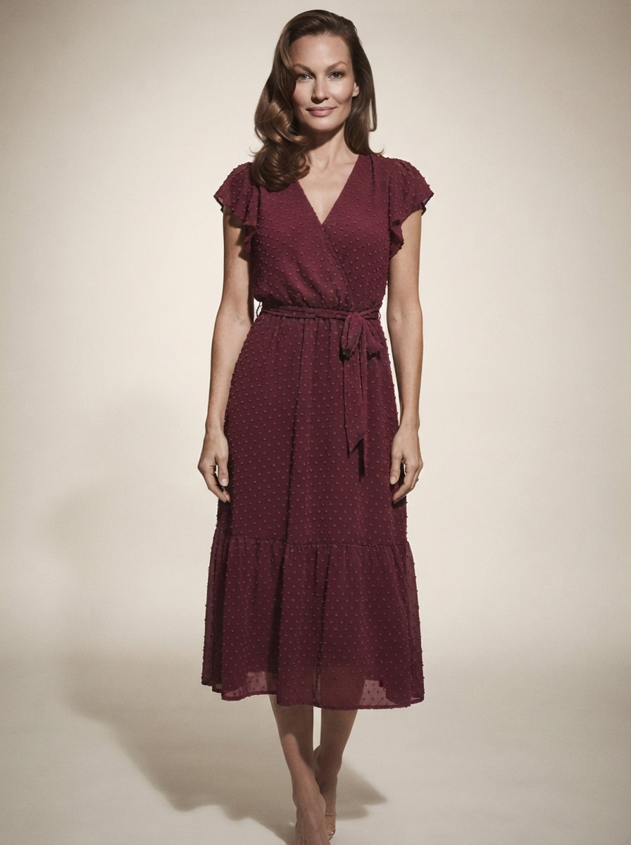 Model wearing claret French vintage-style summer midi dress