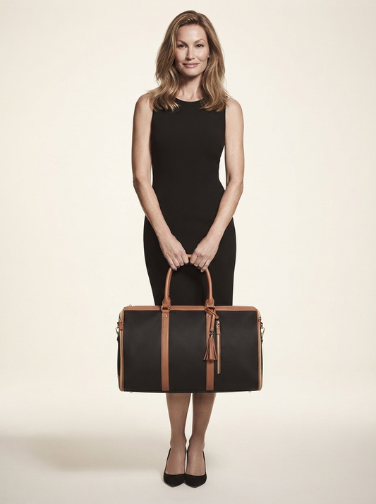 Model carrying black foldable vegan leather duffle bag