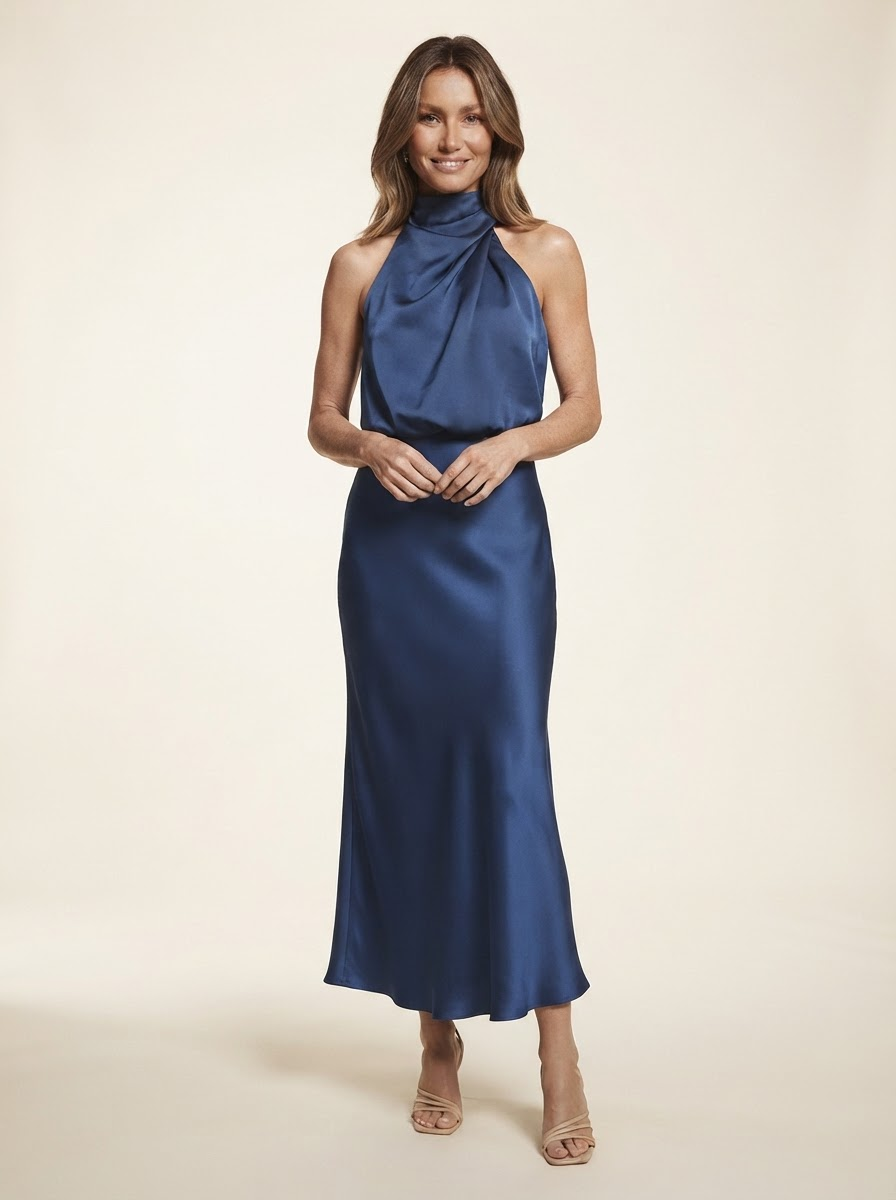 Model wearing sapphire blue satin maxi dress
