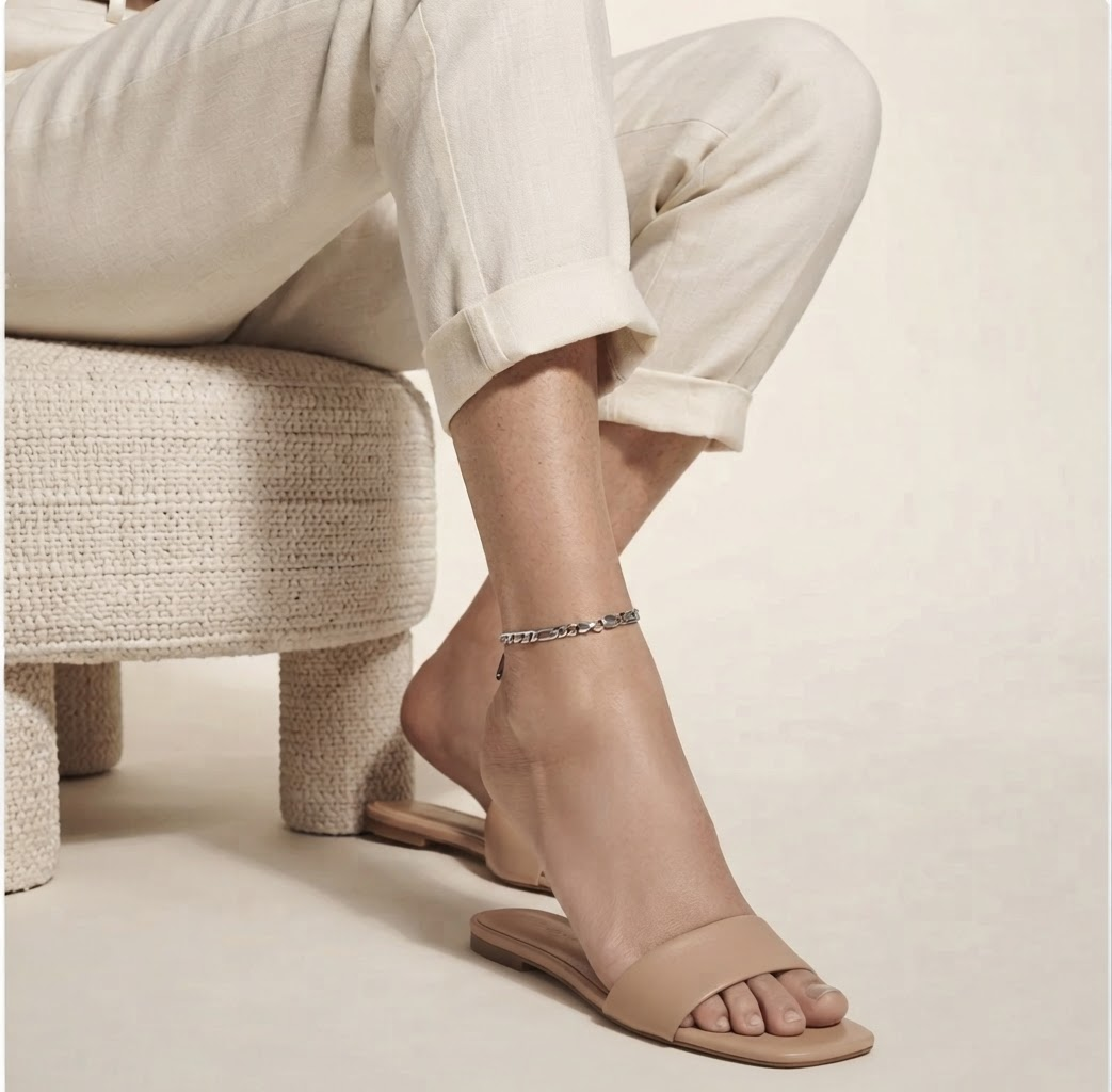 Close-up of steel-colored stainless steel minimalist chain anklet on model's ankle