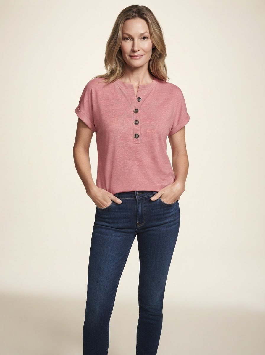Model wearing pink classic short sleeve t-shirt