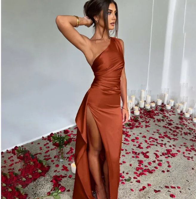 Women's Satin One-Shoulder Slit Dress