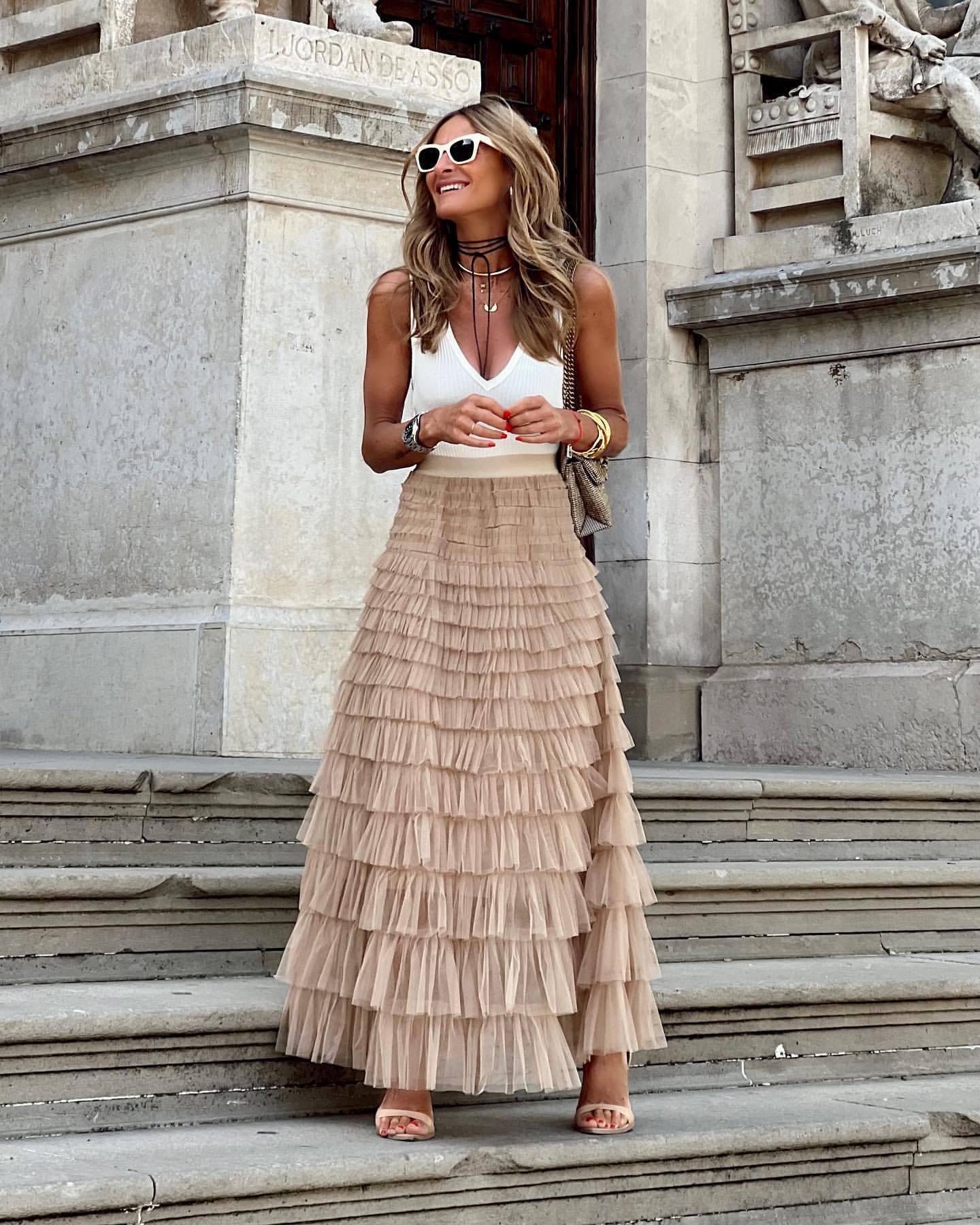 Women's Mesh Tiered Midi Skirt