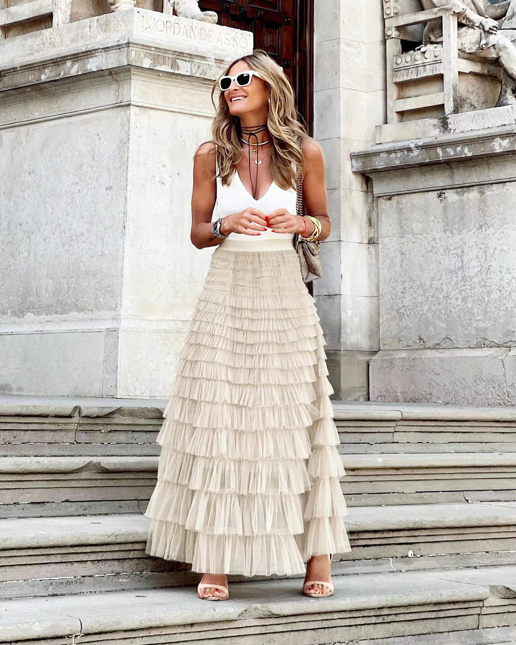 Women's Mesh Tiered Midi Skirt