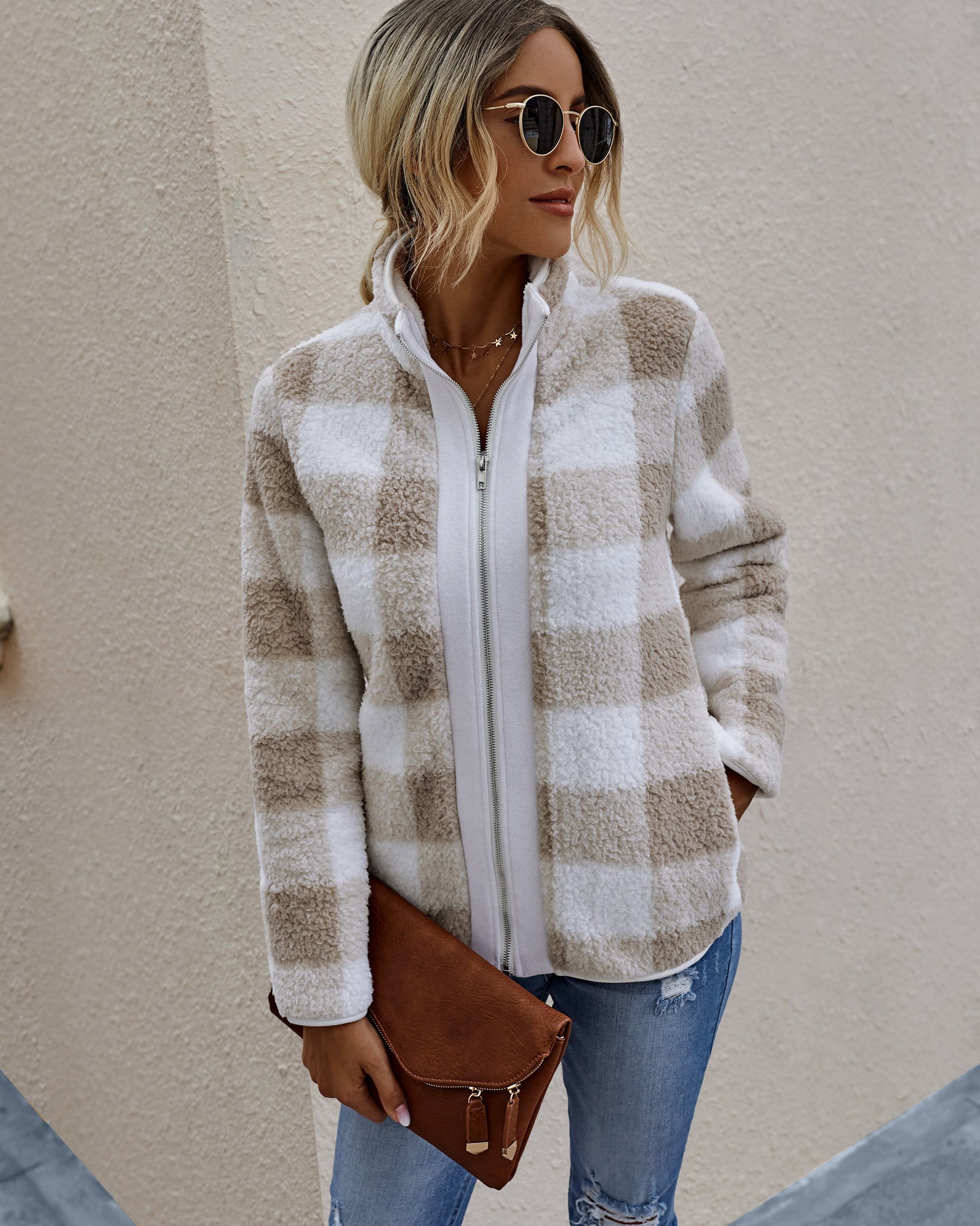 Women's Plaid Plush Coat with Zip Pockets