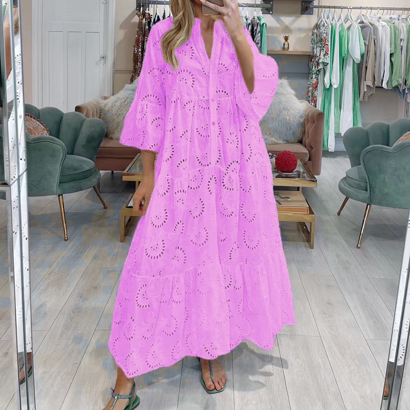 Women's Lace V-Neck Bell Sleeve Maxi Dress