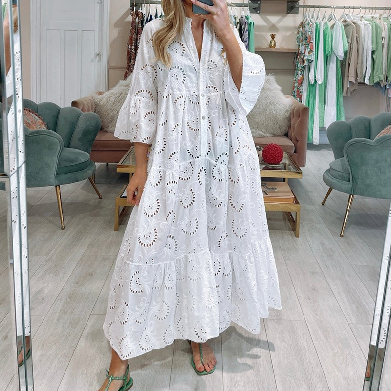 Women's Lace V-Neck Bell Sleeve Maxi Dress
