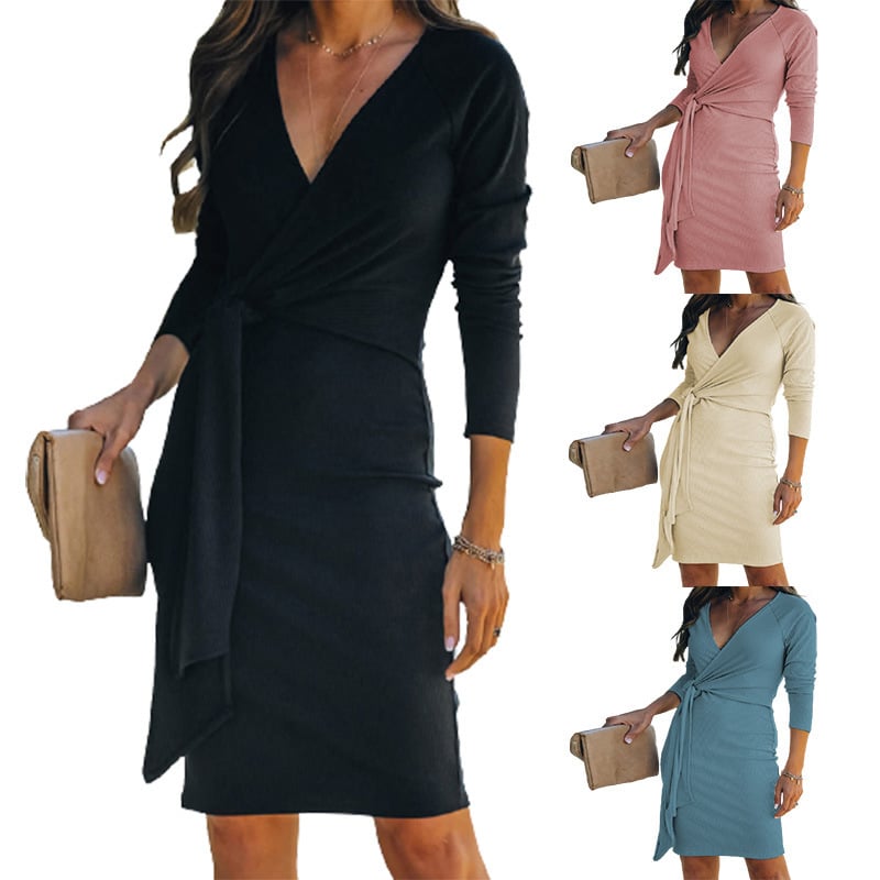 Women's V-Neck Ribbed Dress with Belt