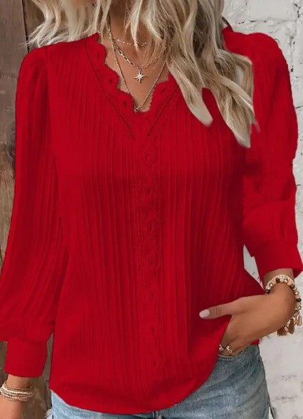 Women's Chiffon Blouse with Lace Details – Long Sleeve V-Neck