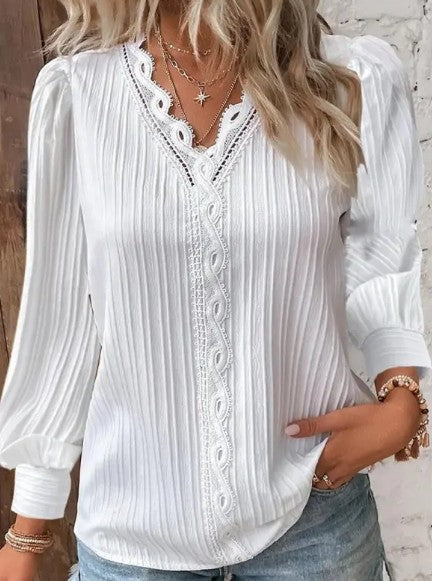 Women's Chiffon Blouse with Lace Details – Long Sleeve V-Neck