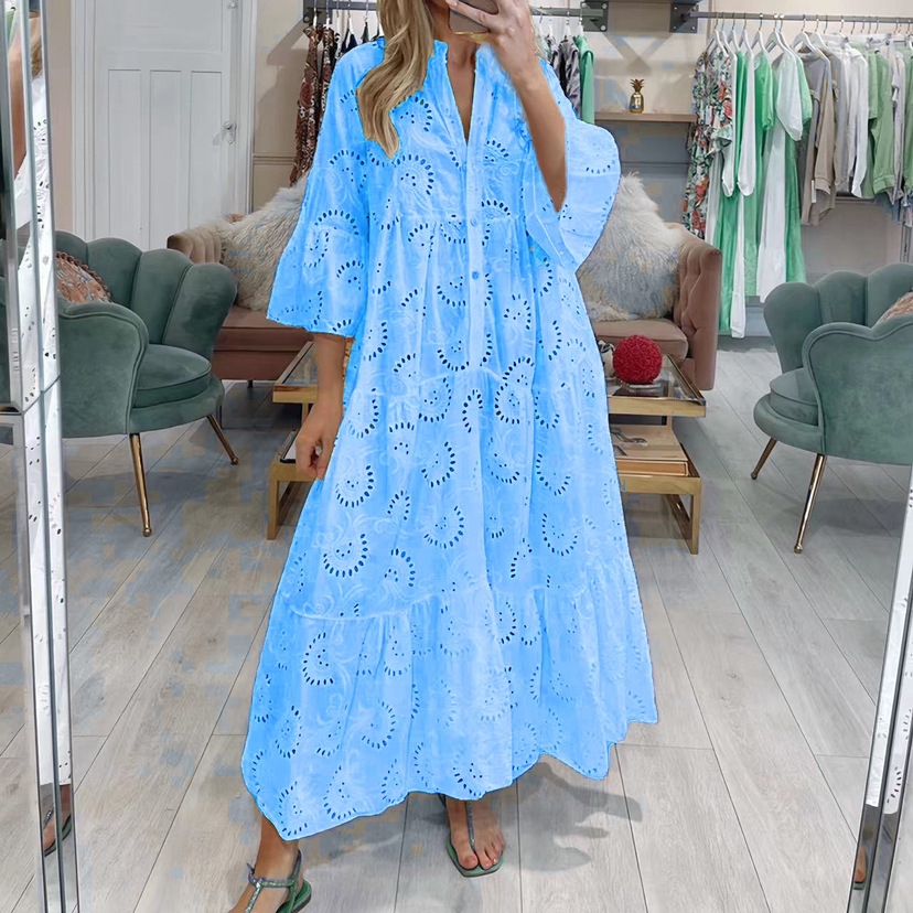 Women's Lace V-Neck Bell Sleeve Maxi Dress