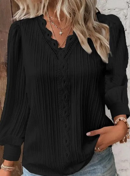 Women's Chiffon Blouse with Lace Details – Long Sleeve V-Neck