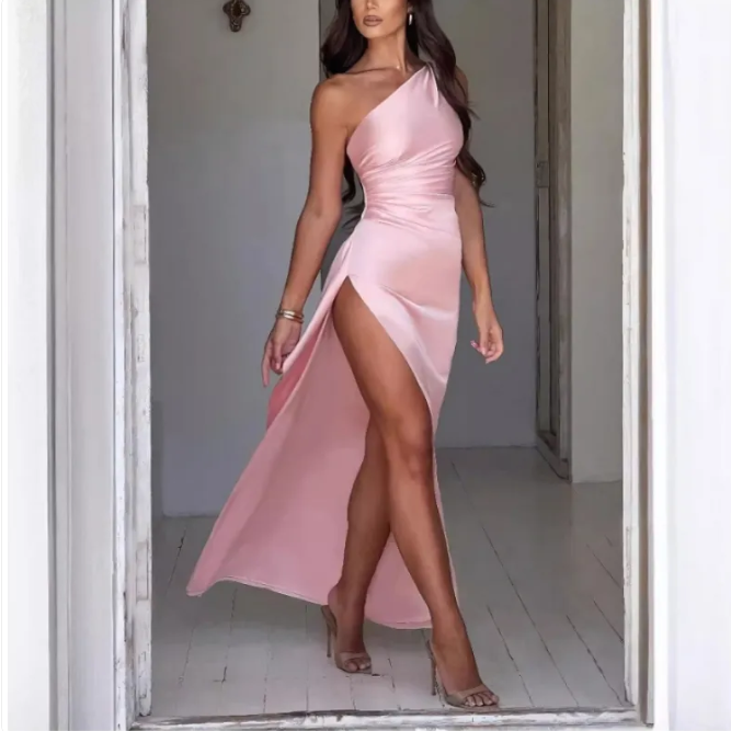 Women's Satin One-Shoulder Slit Dress