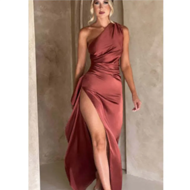 Women's Satin One-Shoulder Slit Dress