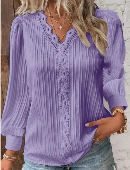 Women's Chiffon Blouse with Lace Details – Long Sleeve V-Neck