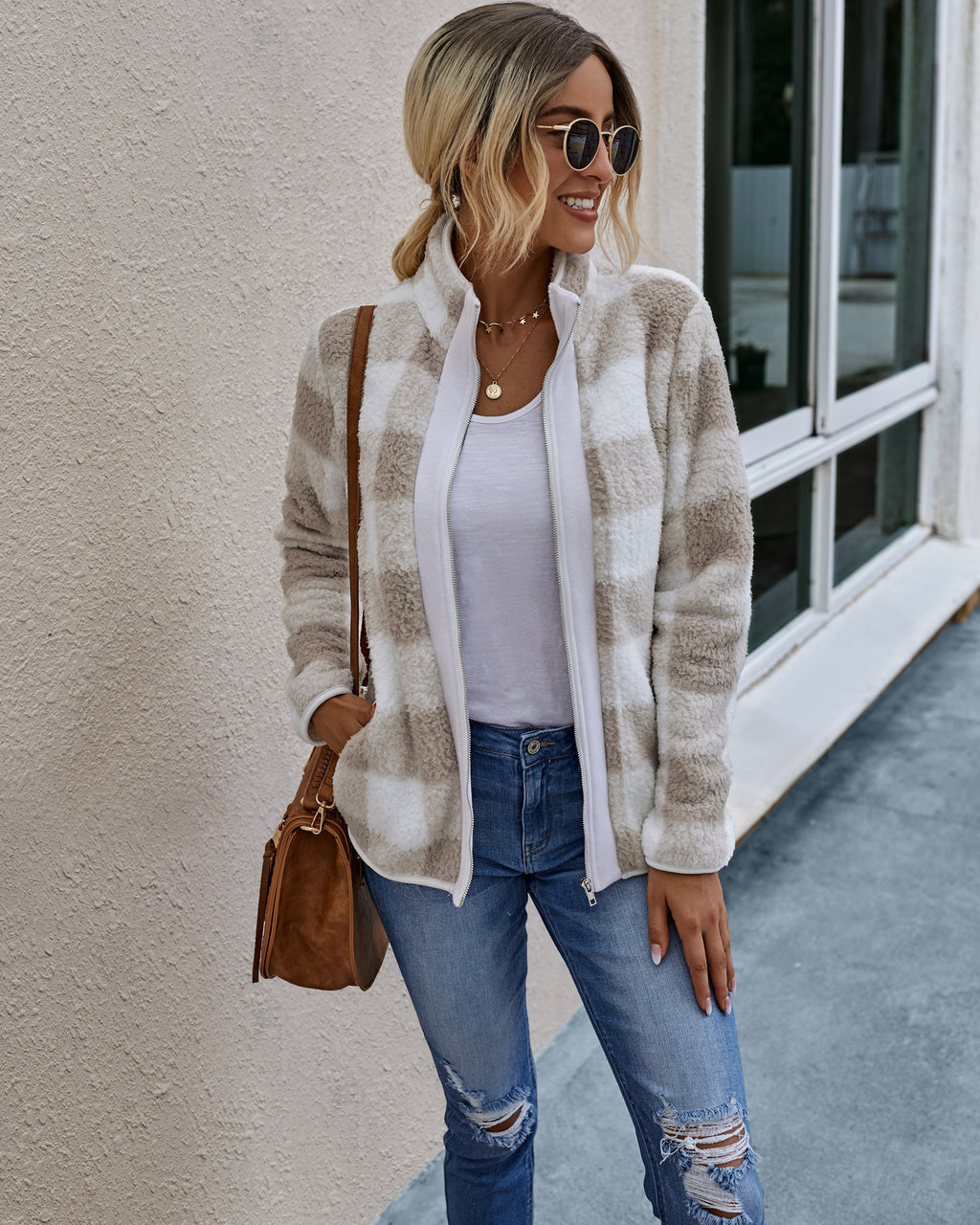 Women's Plaid Plush Coat with Zip Pockets