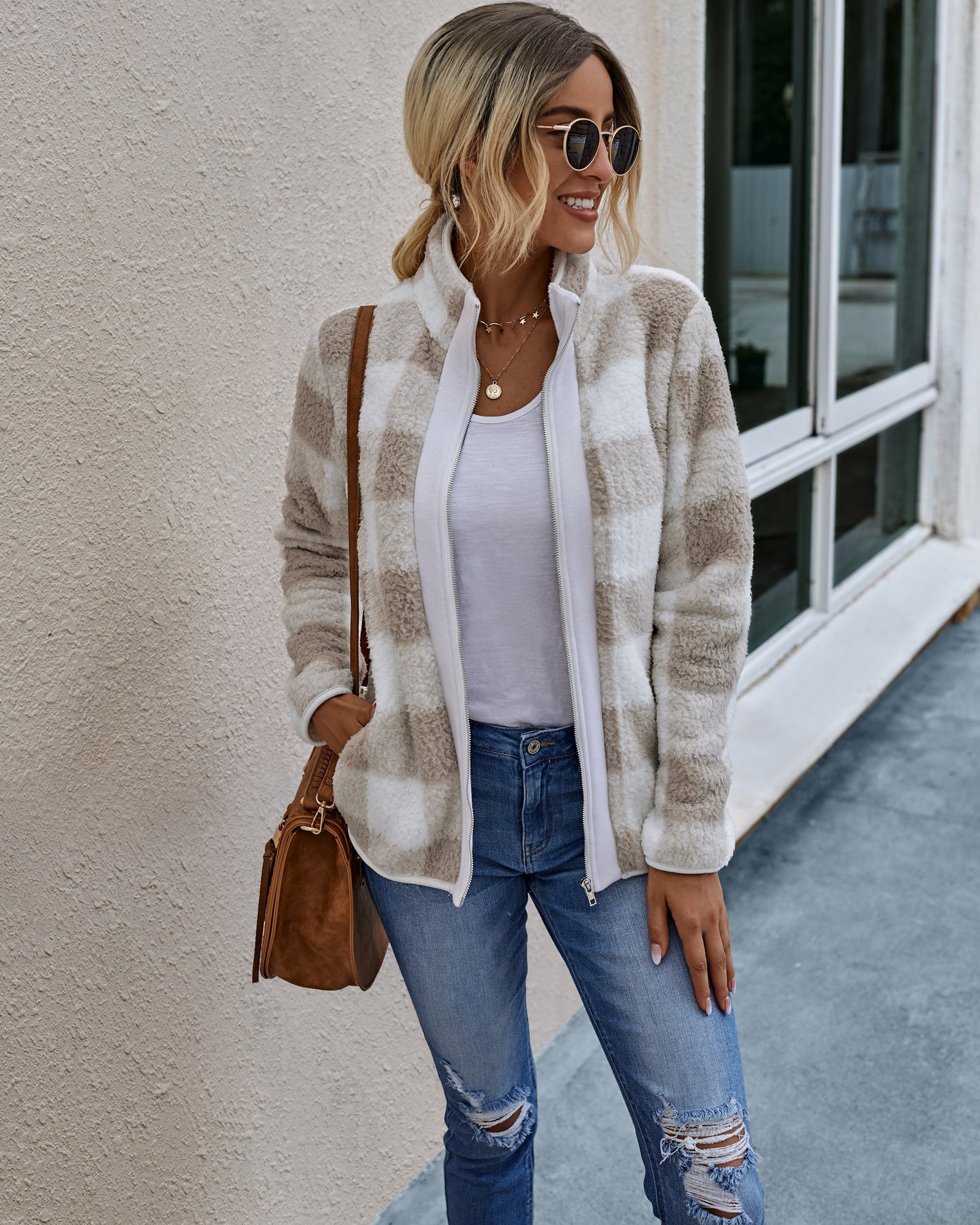 Women's Plaid Plush Coat with Zip Pockets