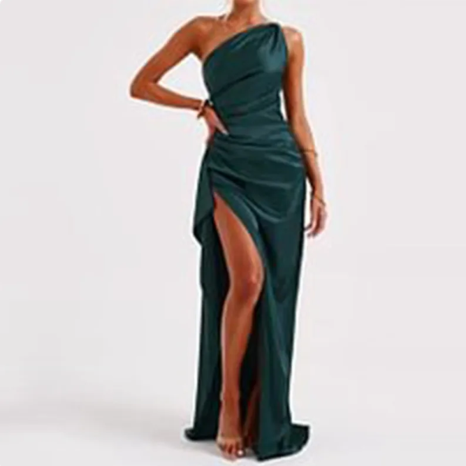Women's Satin One-Shoulder Slit Dress