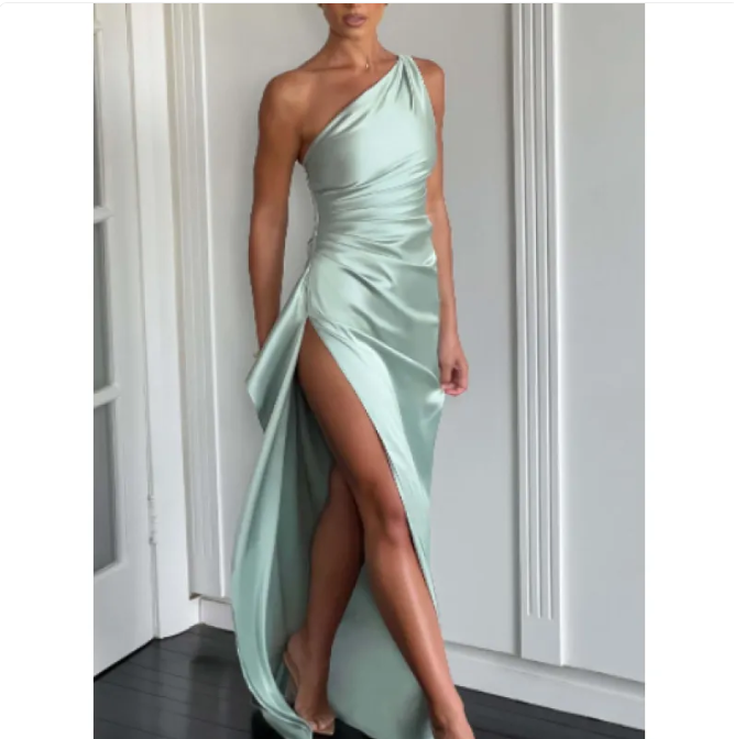 Women's Satin One-Shoulder Slit Dress