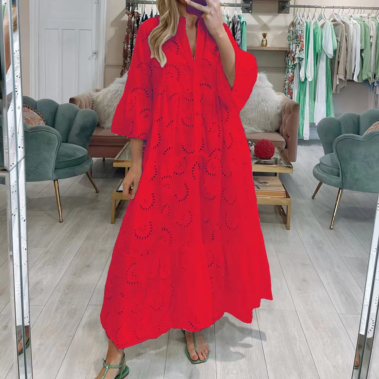 Women's Lace V-Neck Bell Sleeve Maxi Dress