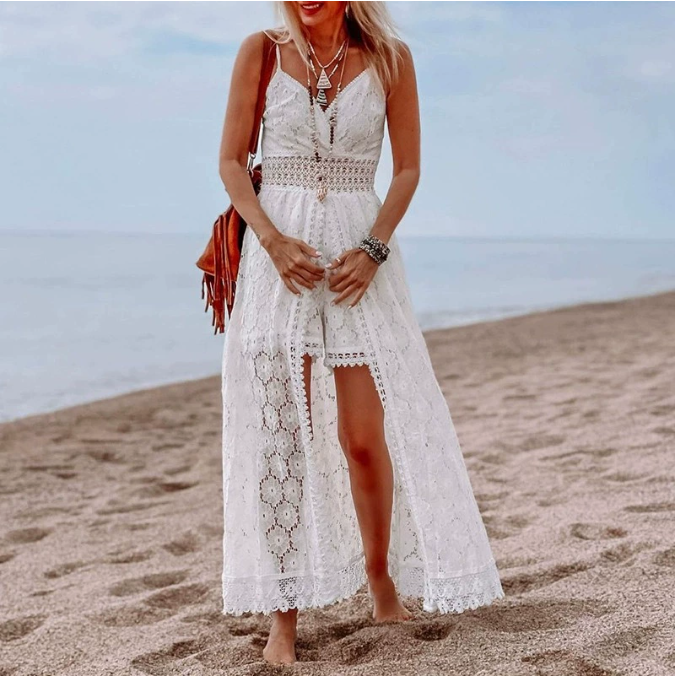Women's White Boho Lace Maxi Dress