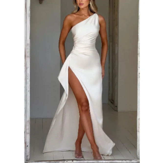 Women's Satin One-Shoulder Slit Dress