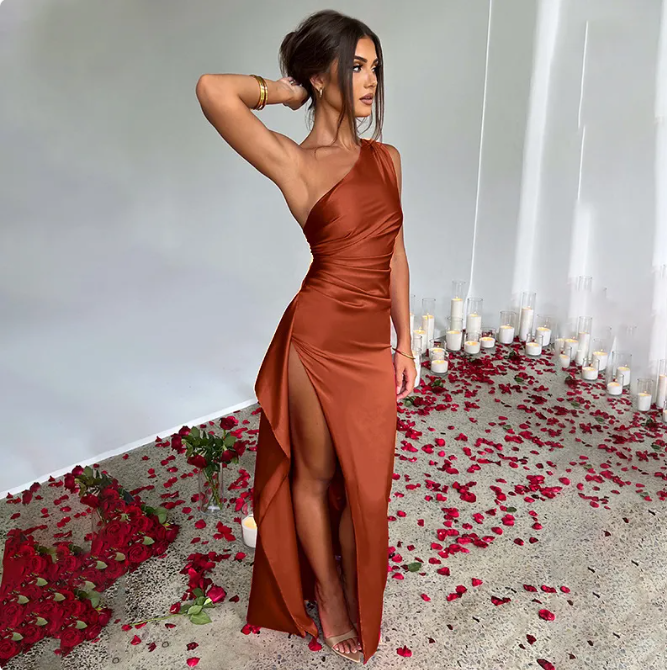Women's Satin One-Shoulder Slit Dress