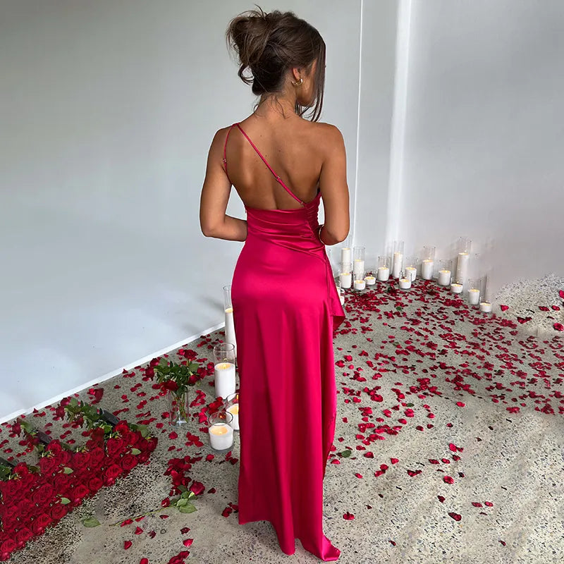 Women's Satin One-Shoulder Slit Dress