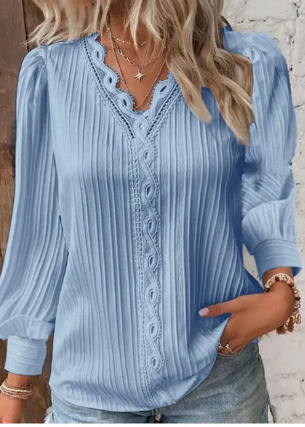 Women's Chiffon Blouse with Lace Details – Long Sleeve V-Neck