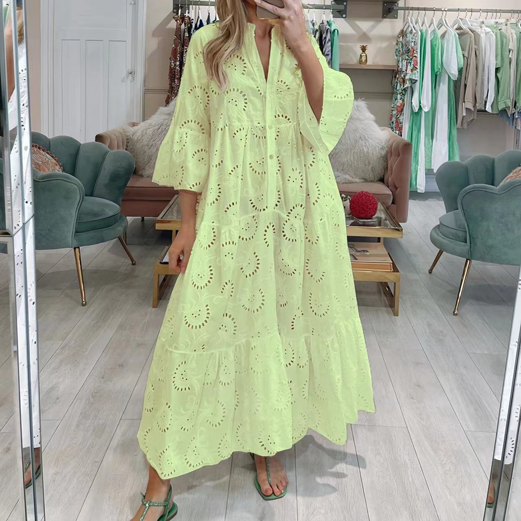 Women's Lace V-Neck Bell Sleeve Maxi Dress