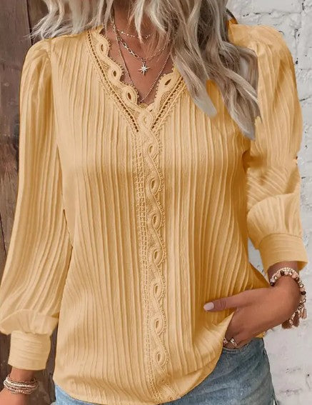 Women's Chiffon Blouse with Lace Details – Long Sleeve V-Neck