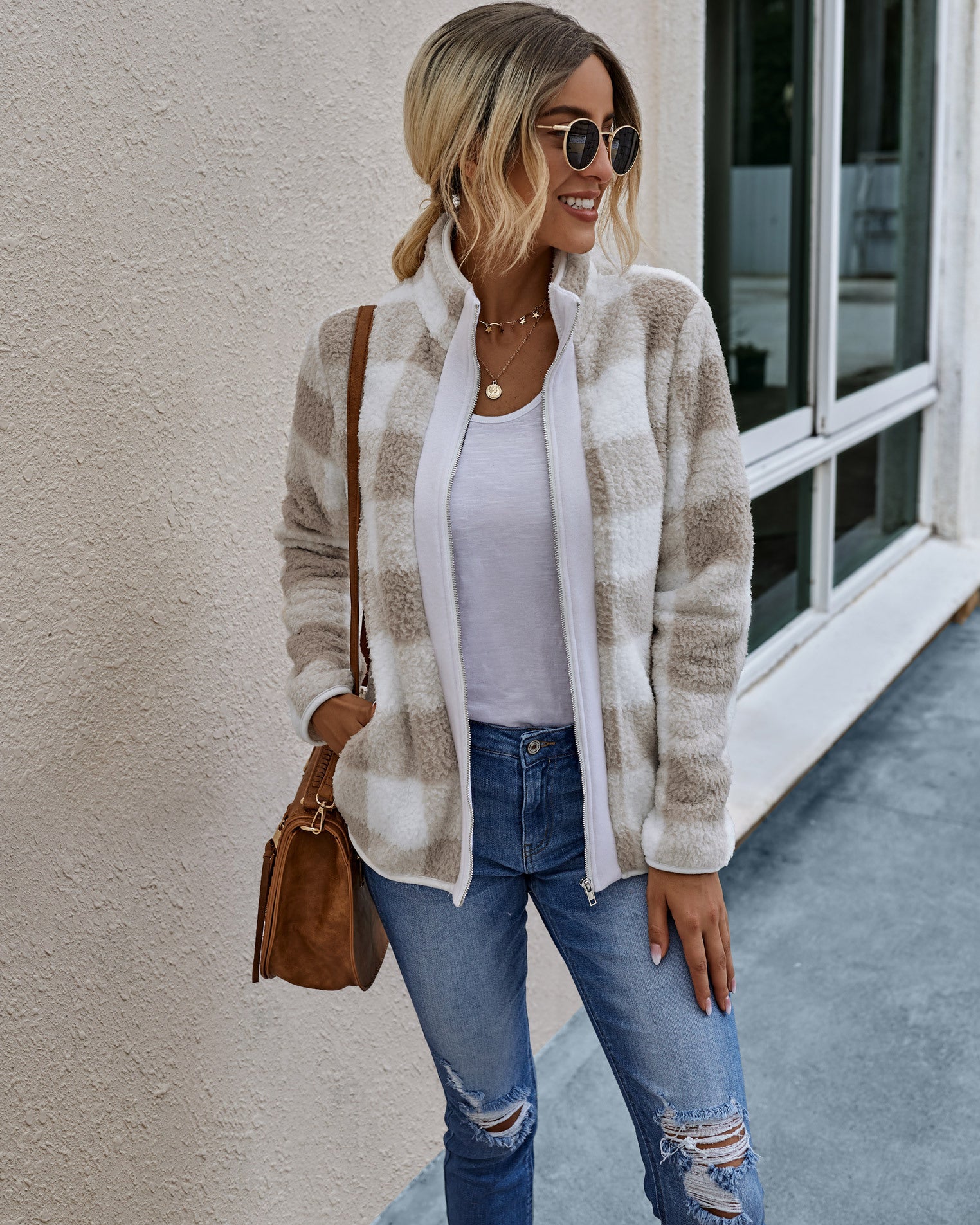Women's Plaid Plush Coat with Zip Pockets