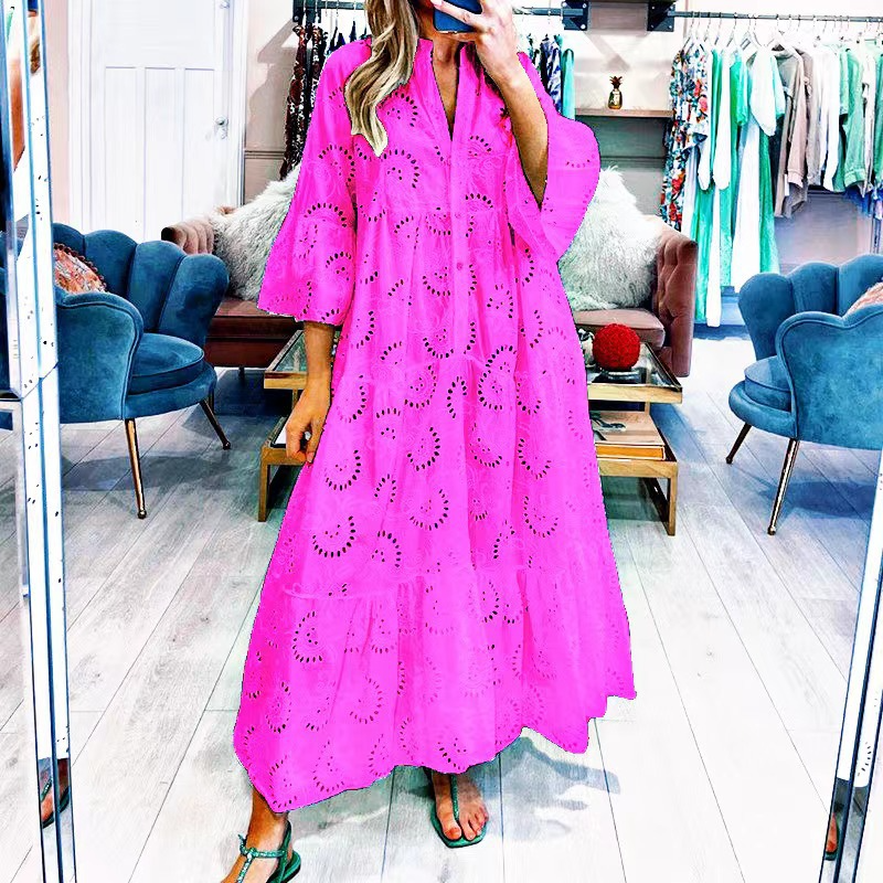 Women's Lace V-Neck Bell Sleeve Maxi Dress
