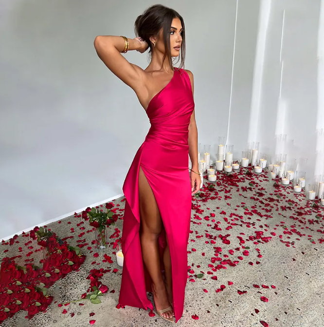 Women's Satin One-Shoulder Slit Dress