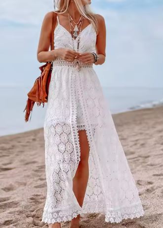 Women's White Boho Lace Maxi Dress