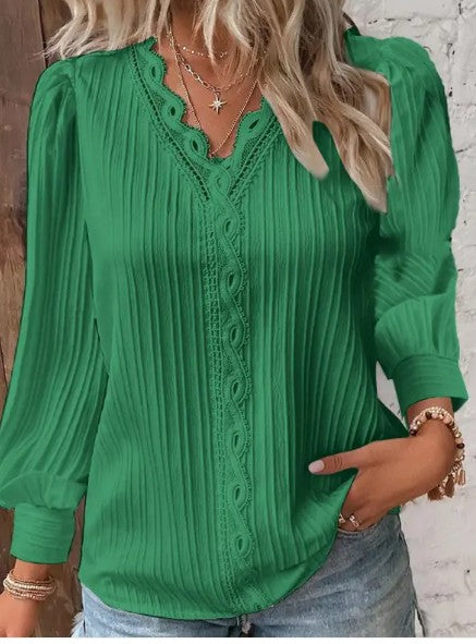 Women's Chiffon Blouse with Lace Details – Long Sleeve V-Neck