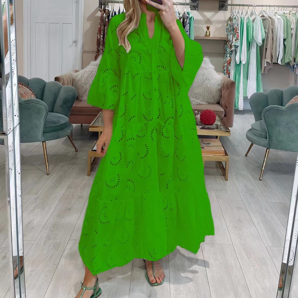 Women's Lace V-Neck Bell Sleeve Maxi Dress