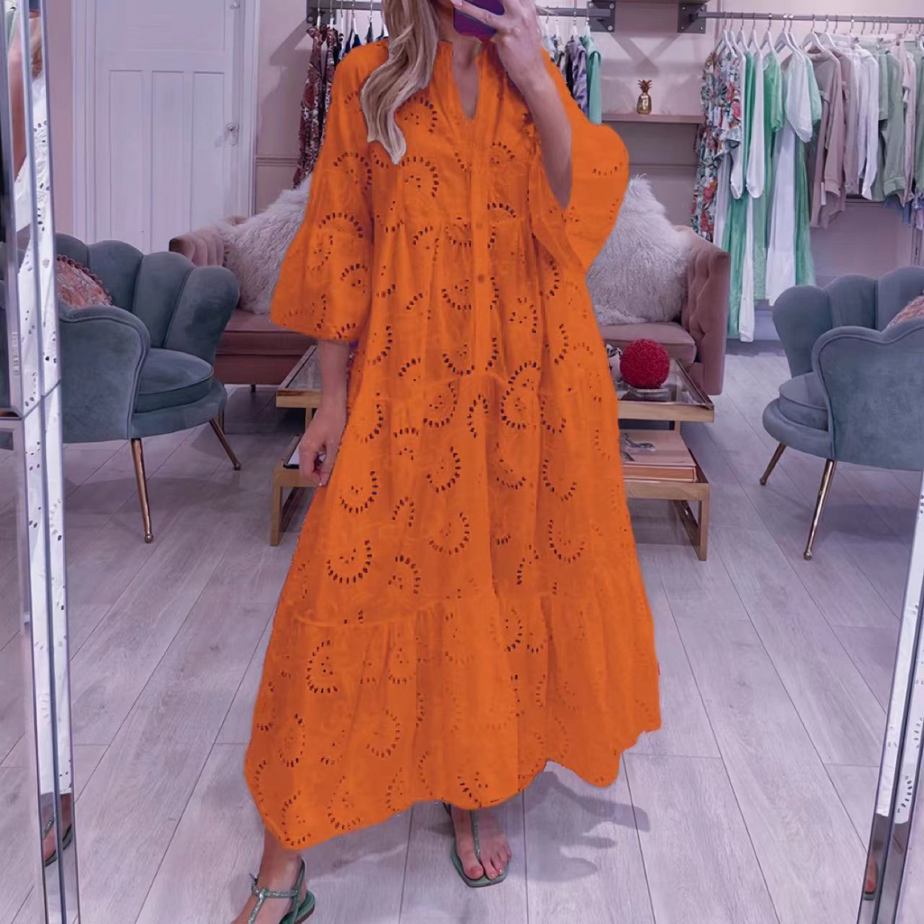 Women's Lace V-Neck Bell Sleeve Maxi Dress