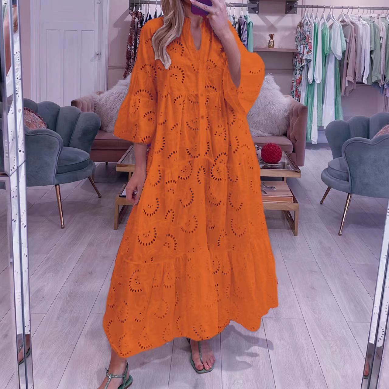 Women's Lace V-Neck Bell Sleeve Maxi Dress