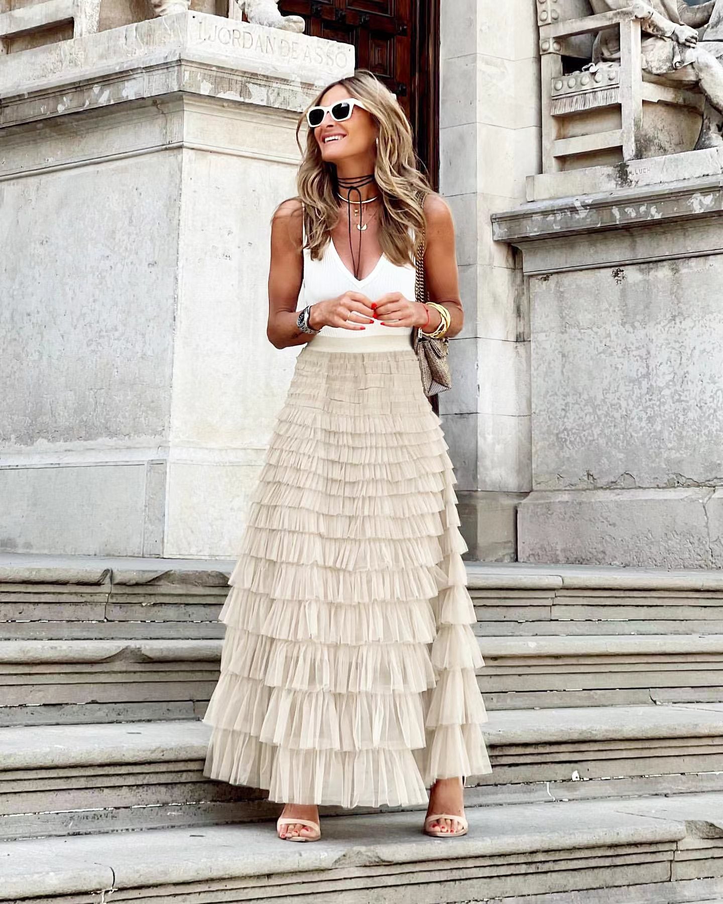 Women's Mesh Tiered Midi Skirt