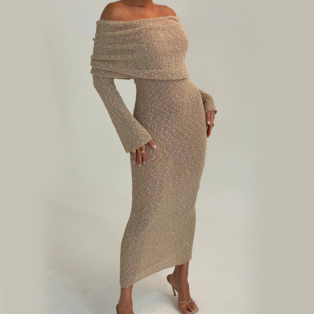 Women's One-Shoulder Long Sleeve Knit Maxi Dress