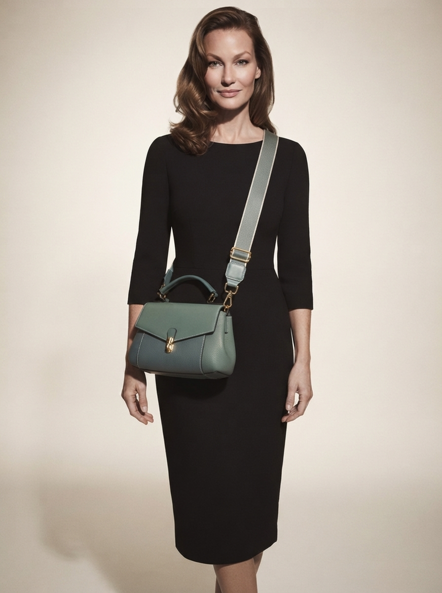 Model carrying green vegan leather crossbody bag