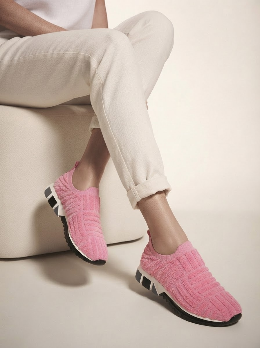 Close-up of model wearing pink cushioned support sneakers