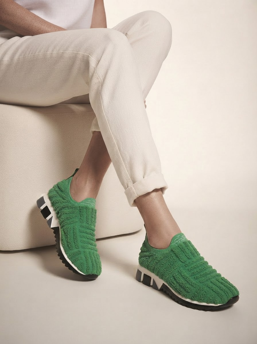 Close-up of model wearing green cushioned support sneakers