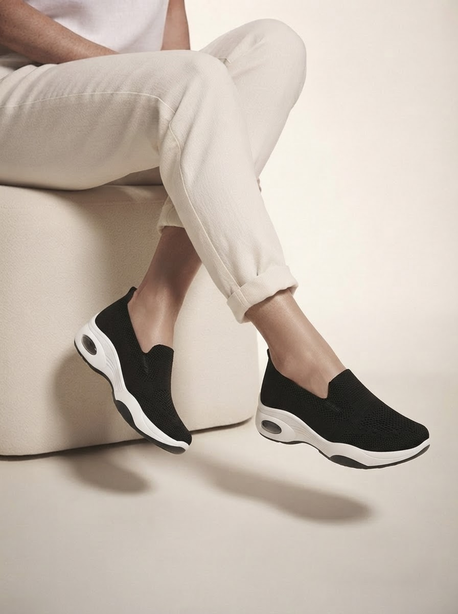 Close-up of model wearing black comfort slip-on shoes