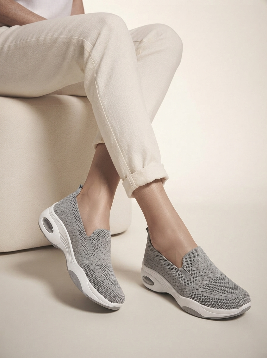 Close-up of model wearing grey comfort slip-on shoes