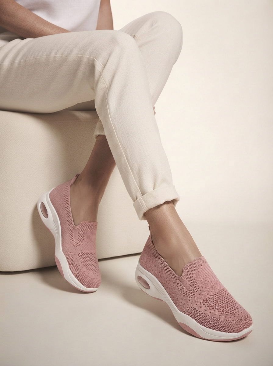 Close-up of model wearing pink comfort slip-on shoes