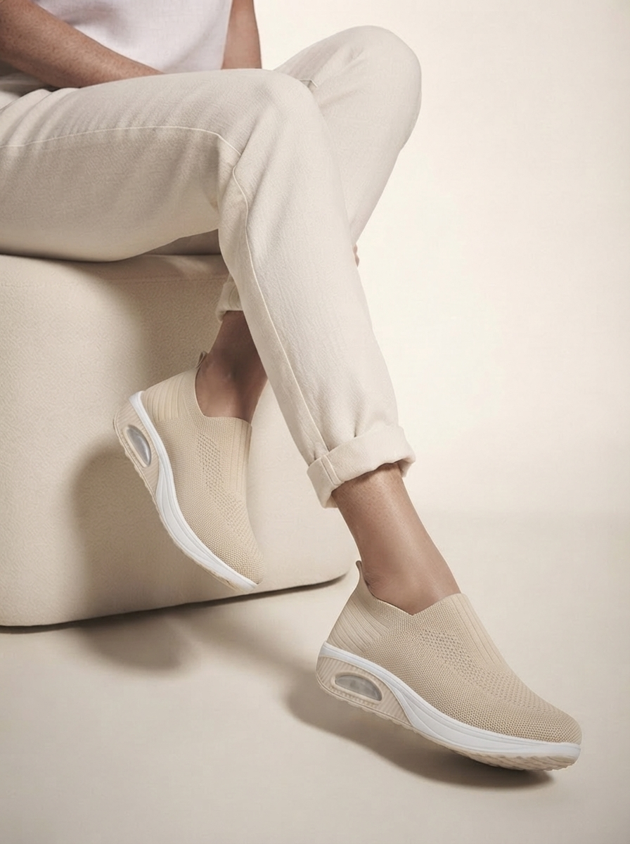 Close-up of model wearing beige air-cushion hiking shoes