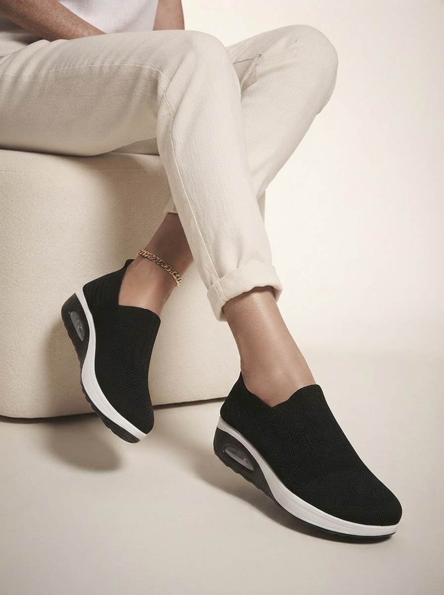 Close-up of model wearing black air-cushion hiking shoes