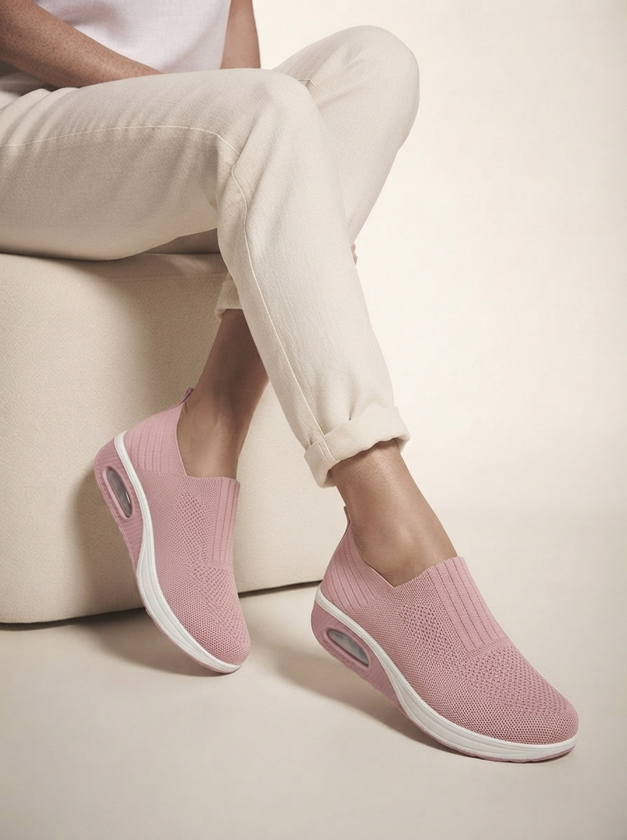 Close-up of model wearing rose pink air-cushion hiking shoes
